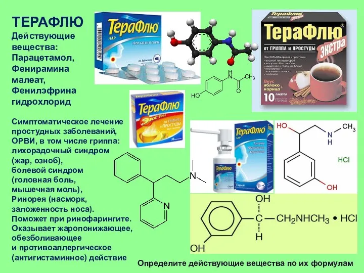 ТЕРАФЛЮ Действующие вещества: Парацетамол, Фенирамина малеат, Фенилэфрина гидрохлорид Симптоматическое лечение