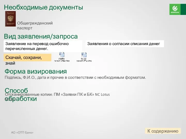 АО «ОТП Банк» Необходимые документы Вид заявления/запроса Общегражданский паспорт Заявление