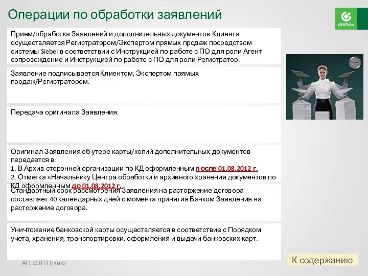 Операции по обработки заявлений АО «ОТП Банк» Стандартный срок рассмотрения