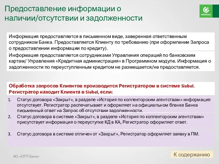 АО «ОТП Банк» Информация предоставляется в письменном виде, заверенная ответственным