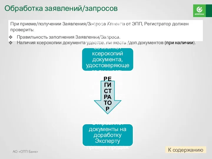 АО «ОТП Банк» При приеме/получении Заявления/Запроса Клиента от ЭПП, Регистратор