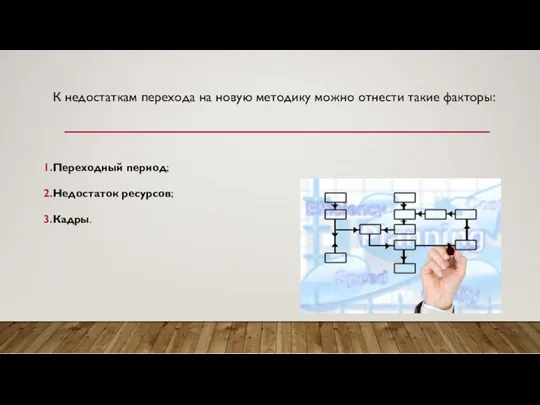 К недостаткам перехода на новую методику можно отнести такие факторы: Переходный период; Недостаток ресурсов; Кадры.