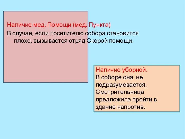 Наличие мед. Помощи (мед. Пункта) В случае, если посетителю собора