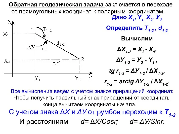 Обратная геодезическая задача заключается в переходе от прямоугольных координат к