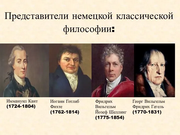 Представители немецкой классической философии: Иммануил Кант (1724-1804) Иоганн Готлиб Фихте