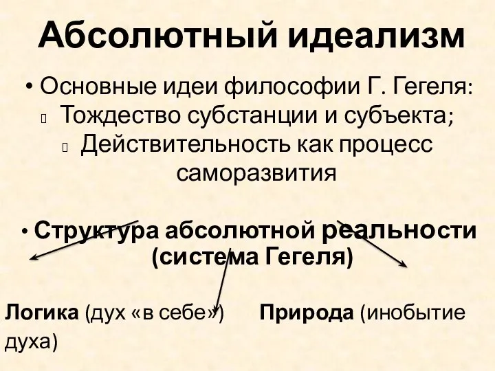 Абсолютный идеализм Основные идеи философии Г. Гегеля: Тождество субстанции и