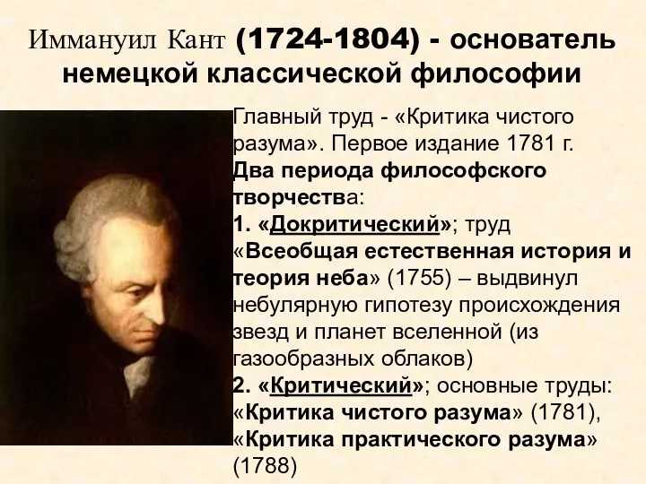 Иммануил Кант (1724-1804) - основатель немецкой классической философии Главный труд