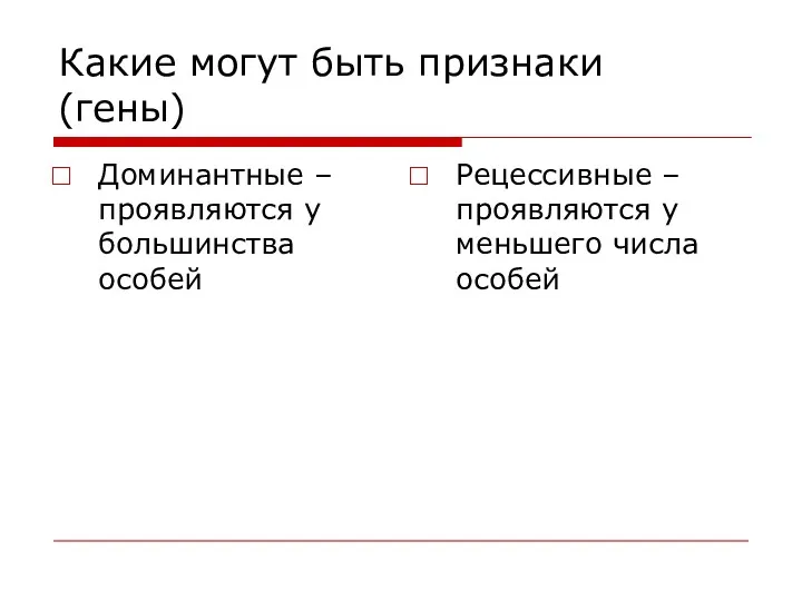 Какие могут быть признаки (гены) Доминантные – проявляются у большинства