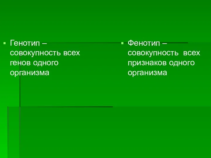 Генотип – совокупность всех генов одного организма Фенотип – совокупность всех признаков одного организма