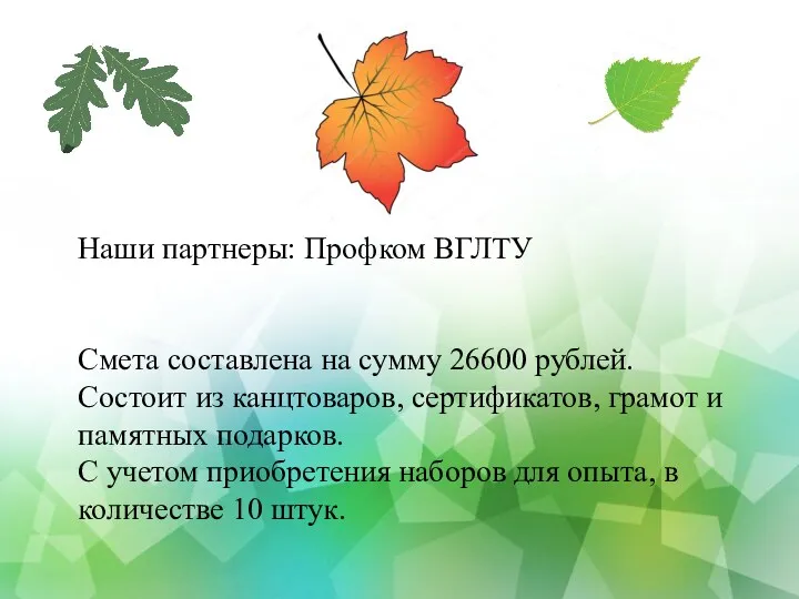 Наши партнеры: Профком ВГЛТУ Смета составлена на сумму 26600 рублей. Состоит из канцтоваров,