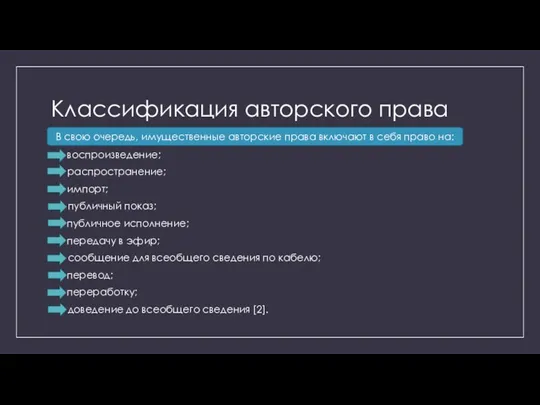 Классификация авторского права воспроизведение; распространение; импорт; публичный показ; публичное исполнение;