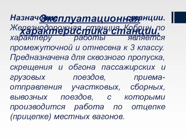 Эксплуатационная характеристика станции. Назначение станции. Железнодорожная станция Кобрин по характеру