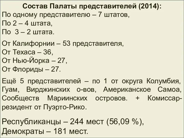 Состав Палаты представителей (2014): По одному представителю – 7 штатов,