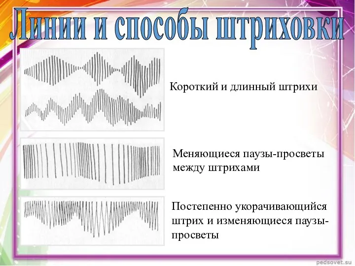 Короткий и длинный штрихи Меняющиеся паузы-просветы между штрихами Постепенно укорачивающийся