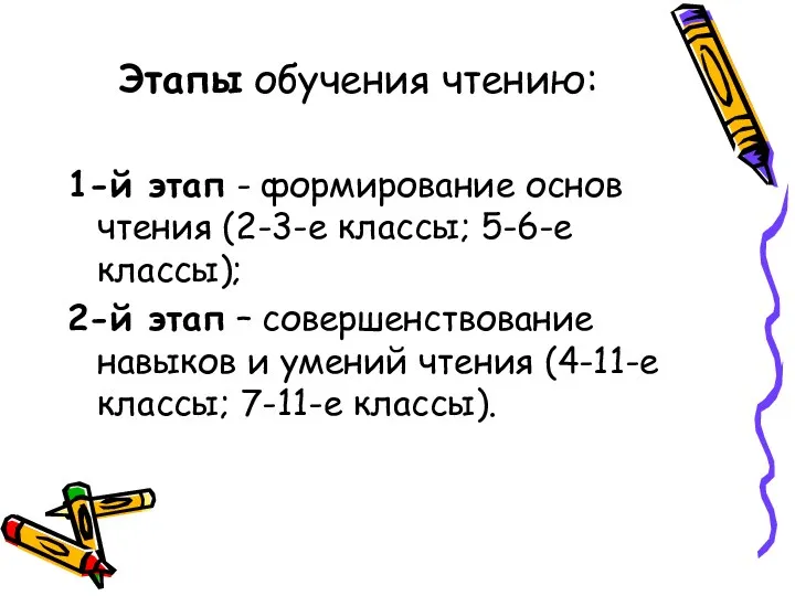 Этапы обучения чтению: 1-й этап - формирование основ чтения (2-3-е классы; 5-6-е классы);