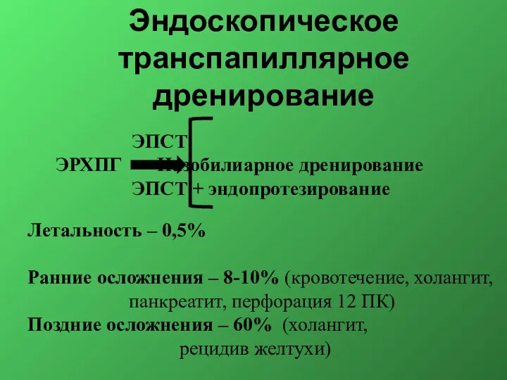 Эндоскопическое транспапиллярное дренирование ЭПСТ ЭРХПГ Назобилиарное дренирование ЭПСТ + эндопротезирование