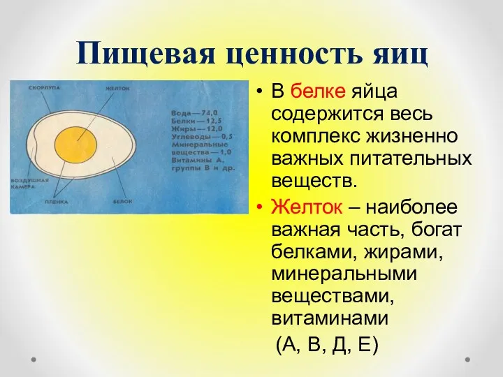 Пищевая ценность яиц В белке яйца содержится весь комплекс жизненно