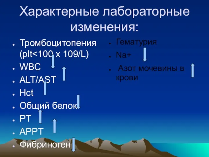 Характерные лабораторные изменения: Тромбоцитопения (plt WBC ALT/AST Hct Общий белок PT APPT Фибриноген