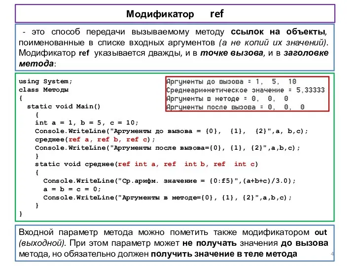 Модификатор ref - это способ передачи вызываемому методу ссылок на объекты, поименованные в