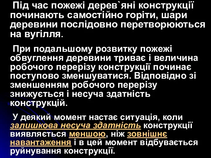 Під час пожежі дерев`яні конструкції починають самостійно горіти, шари деревини