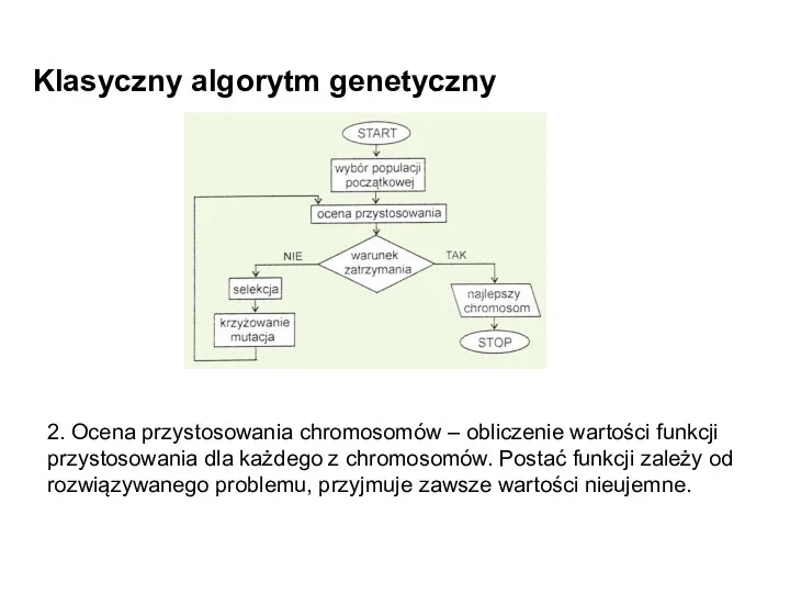 Klasyczny algorytm genetyczny 2. Ocena przystosowania chromosomów – obliczenie wartości funkcji przystosowania dla