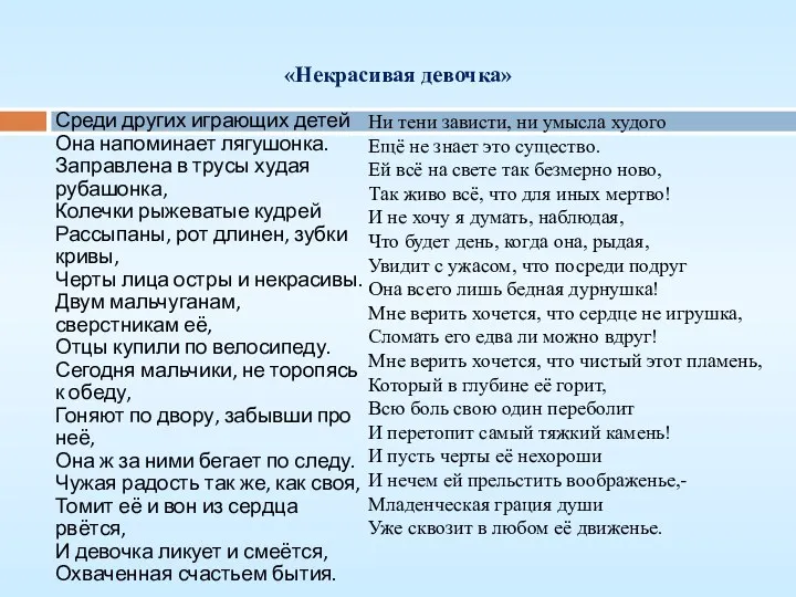 «Некрасивая девочка» Среди других играющих детей Она напоминает лягушонка. Заправлена