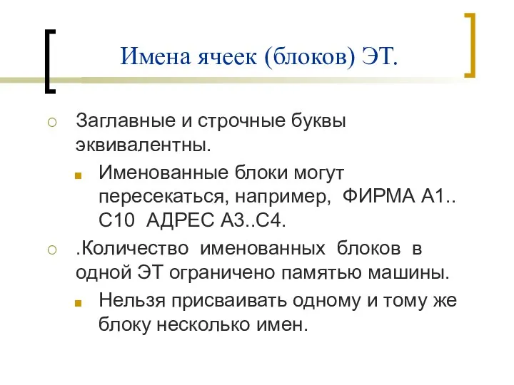 Имена ячеек (блоков) ЭТ. Заглавные и строчные буквы эквивалентны. Именованные