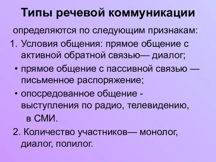 Типы речевой коммуникации определяются по следующим признакам: Условия общения: прямое