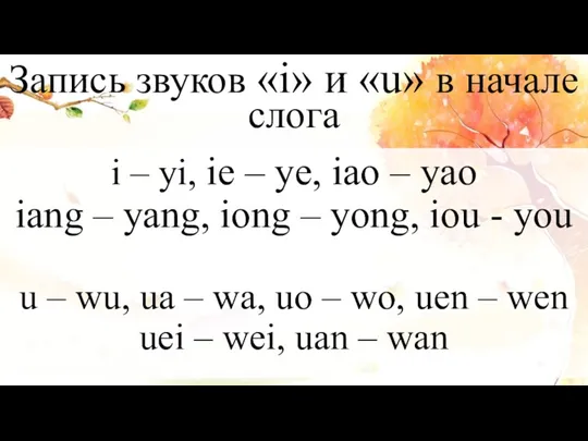 i – yi, ie – ye, iao – yao iang