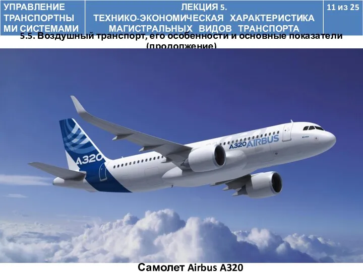 5.5. Воздушный транспорт, его особенности и основные показатели (продолжение) Самолет Airbus A320