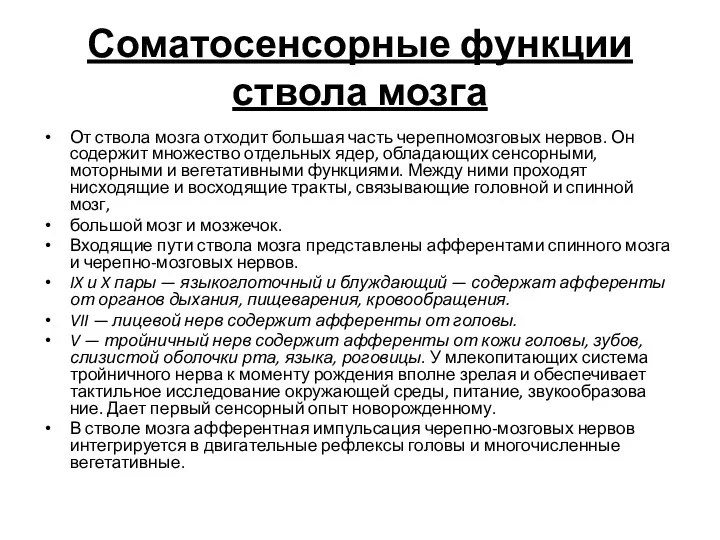 Соматосенсорные функции ствола мозга От ствола мозга отходит большая часть черепномозговых нервов. Он