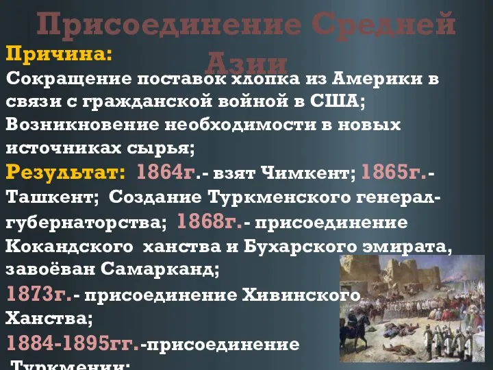 Присоединение Средней Азии Причина: Сокращение поставок хлопка из Америки в