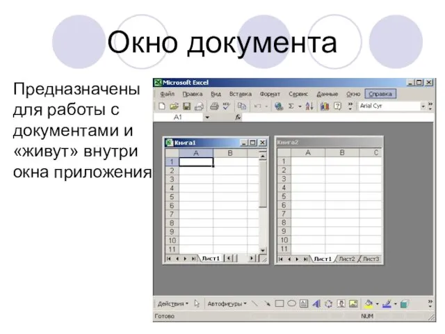 Окно документа Предназначены для работы с документами и «живут» внутри окна приложения.