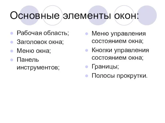 Основные элементы окон: Рабочая область; Заголовок окна; Меню окна; Панель