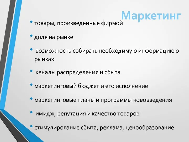 товары, произведенные фирмой доля на рынке возможность собирать необходимую информацию