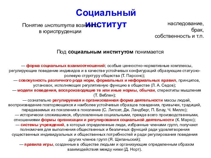 Социальный институт Понятие института возникло в юриспруденции наследование, брак, собственность