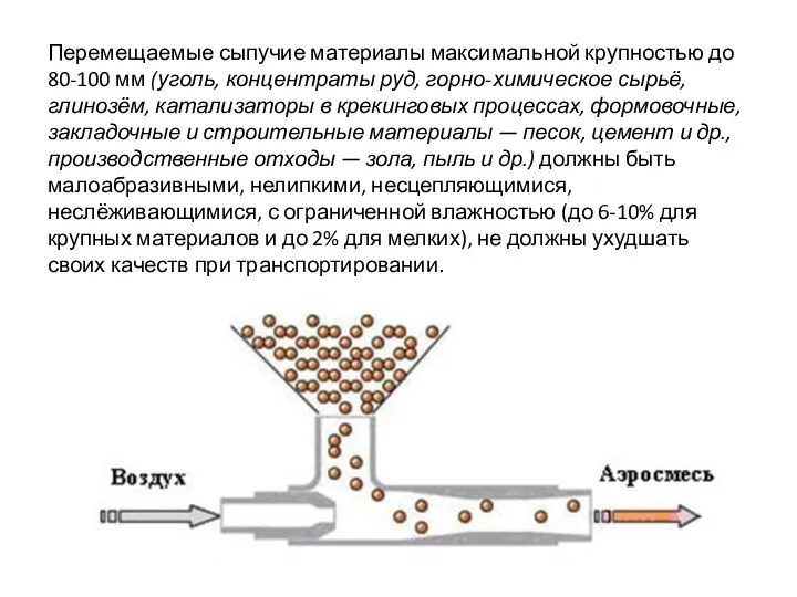 Перемещаемые сыпучие материалы максимальной крупностью до 80-100 мм (уголь, концентраты