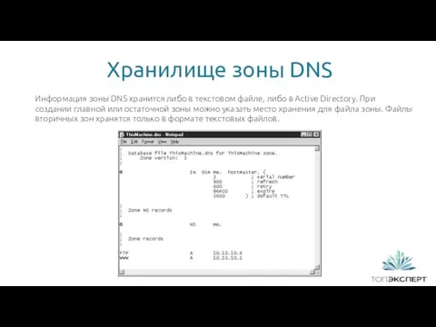Хранилище зоны DNS 1 Информация зоны DNS хранится либо в текстовом файле, либо