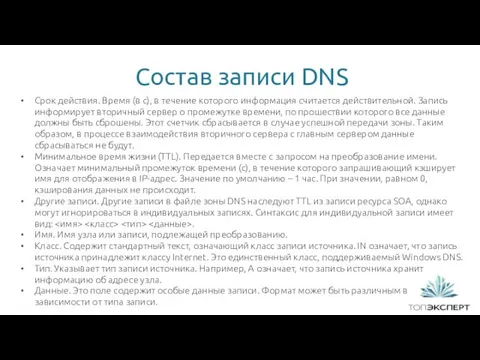 Состав записи DNS Срок действия. Время (в с), в течение