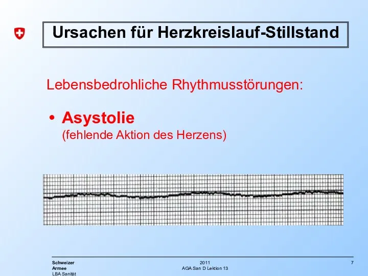 AGA San D Lektion 13 Lebensbedrohliche Rhythmusstörungen: Asystolie (fehlende Aktion des Herzens) Ursachen für Herzkreislauf-Stillstand