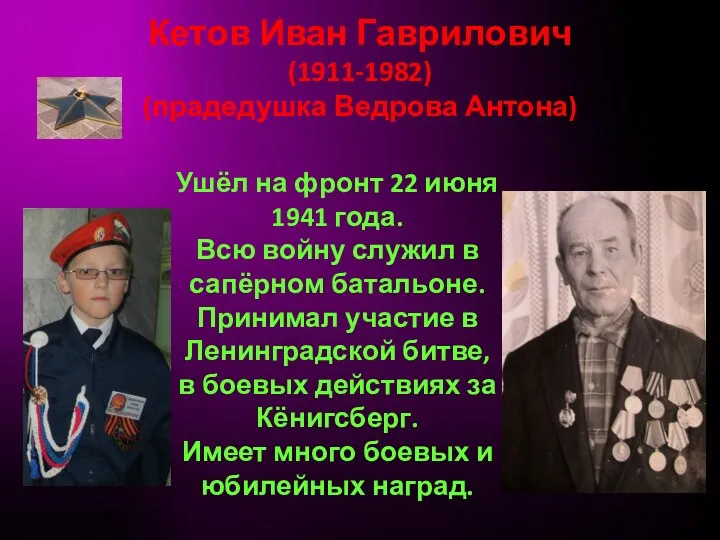 Кетов Иван Гаврилович (1911-1982) (прадедушка Ведрова Антона) Ушёл на фронт