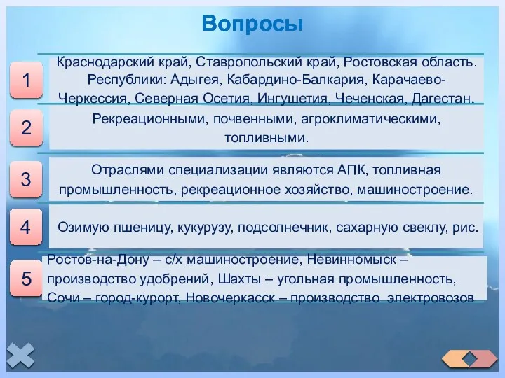 Вопросы 1 Краснодарский край, Ставропольский край, Ростовская область. Республики: Адыгея,