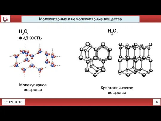 4 Молекулярные и немолекулярные вещества 15.09.2016 H2O, жидкость H2O, лёд Кристаллическое вещество Молекулярное вещество