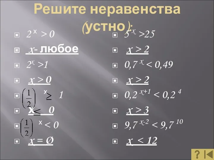 Решите неравенства (устно): 2 х > 0 x- любое 2x