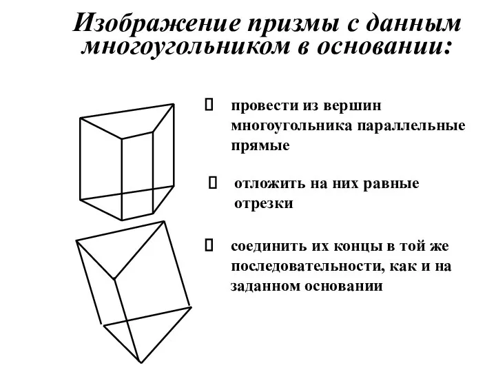 Изображение призмы с данным многоугольником в основании: соединить их концы