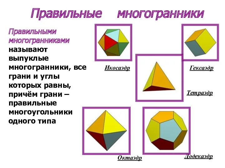 Правильные многогранники Тетраэдр Гексаэдр Икосаэдр Октаэдр Додекаэдр Правильными многогранниками называют