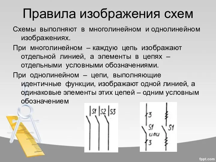 Правила изображения схем Схемы выполняют в многолинейном и однолинейном изображениях.