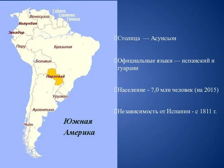 Столица — Асунсьон Официальные языки — испанский и гуарани Население