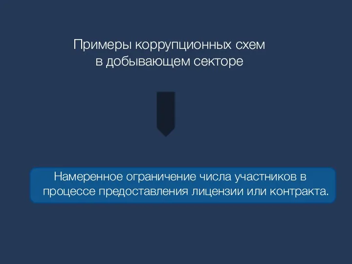 Примеры коррупционных схем в добывающем секторе Намеренное ограничение числа участников в процессе предоставления лицензии или контракта.