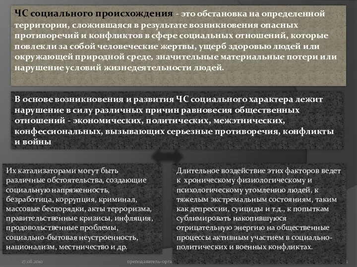 27.08.2010 преподаватель-организатор БЖД ЛУЩУК В.В ЧС социального происхождения - это